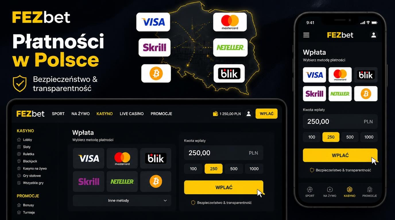 Interfejs kasyna z metodami płatności popularnymi w Polsce – Visa, Mastercard, BLIK, kryptowaluty.