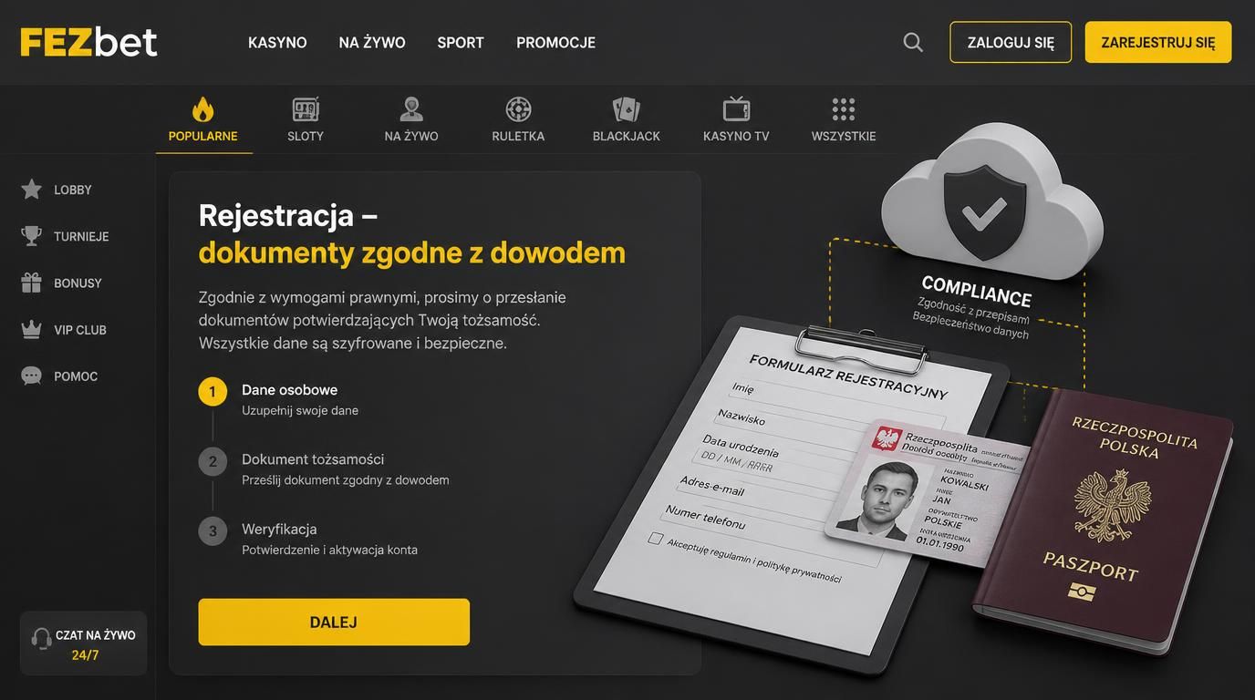 Interfejs kasyna z dokumentami i formularzem zgodności
