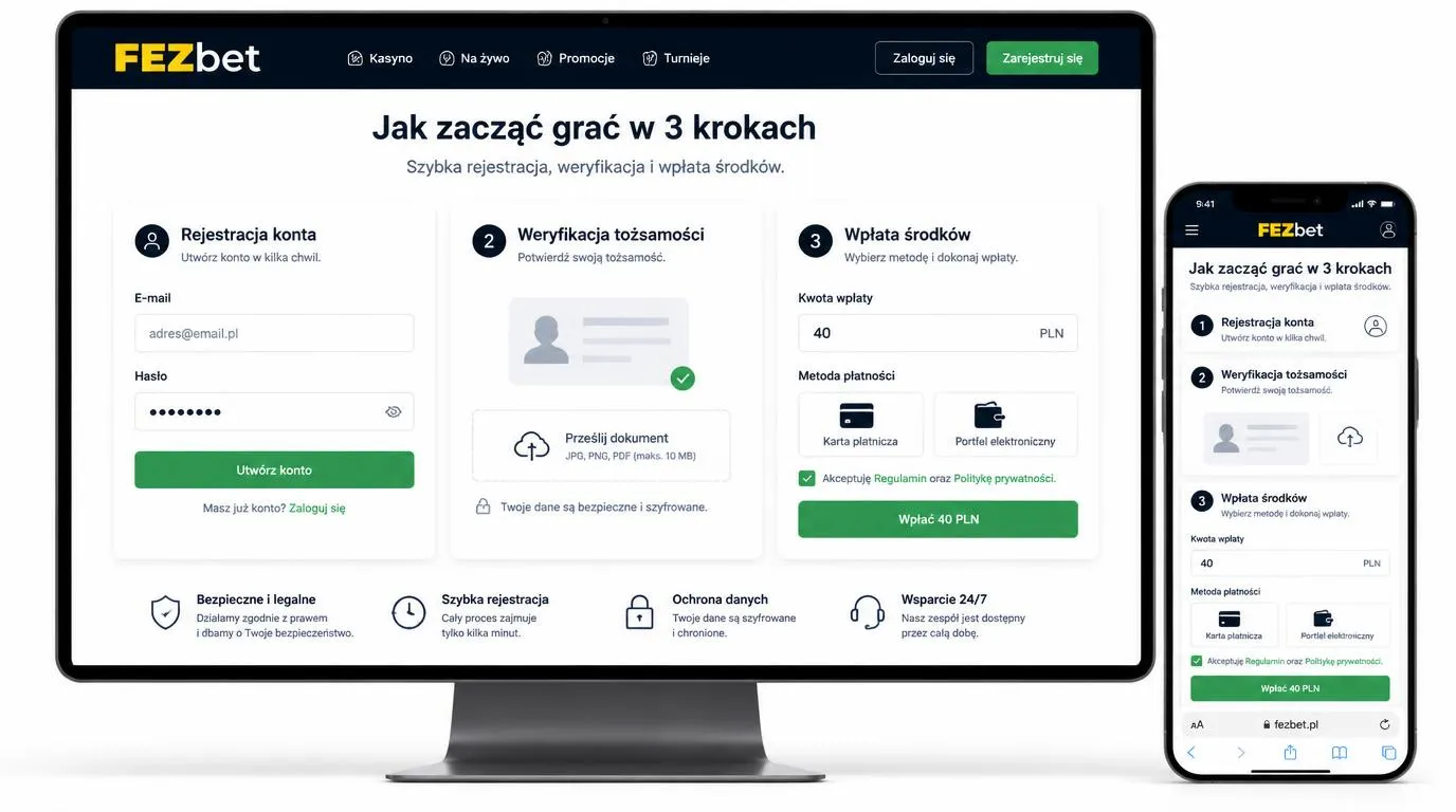 Laptop z katalogiem gier kasynowych, kartą oferty powitalnej i panelem limitów gry